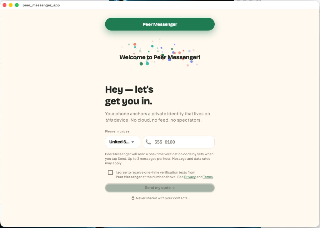 Peer Messenger app sign-in screen showing phone field, SMS disclosure, unchecked consent checkbox, and Privacy/Terms links